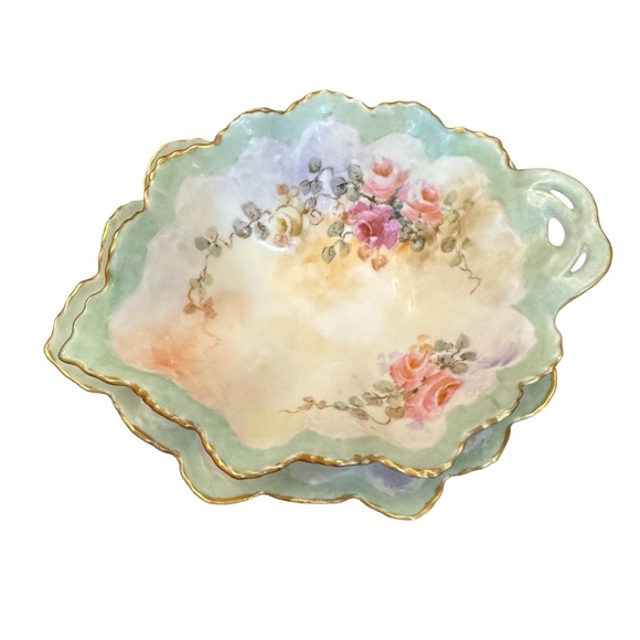 M & Z Austrian Porcelain Floral Trinket Dish Gold Handle Vintage 1900-1940 - Picture 2 of 15